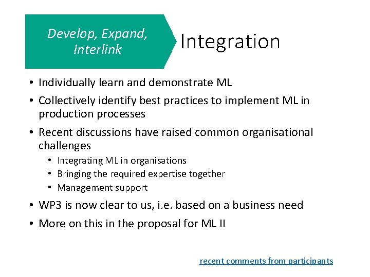 Develop, Expand, Interlink Integration • Individually learn and demonstrate ML • Collectively identify best