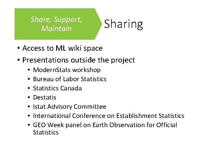 Share, Support, Maintain Sharing • Access to ML wiki space • Presentations outside the