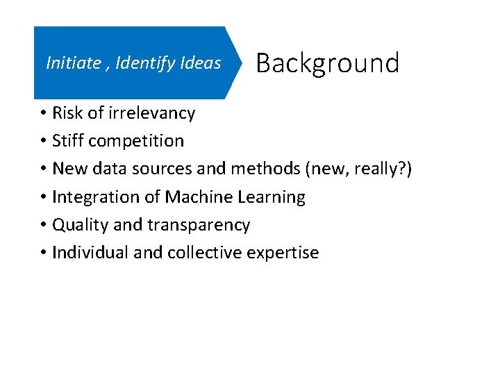 Initiate , Identify Ideas Background • Risk of irrelevancy • Stiff competition • New
