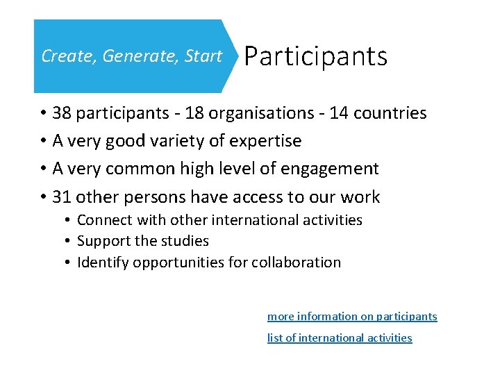 Create, Generate, Start Participants • 38 participants - 18 organisations - 14 countries •