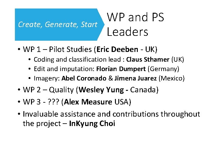 Create, Generate, Start WP and PS Leaders • WP 1 – Pilot Studies (Eric