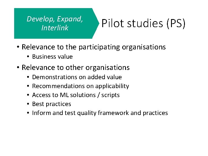 Develop, Expand, Interlink Pilot studies (PS) • Relevance to the participating organisations • Business