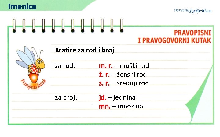 Imenice Kratice za rod i broj za rod: m. r. – muški rod ž. Imenice Kratice za rod i broj za rod: m. r. – muški rod ž.