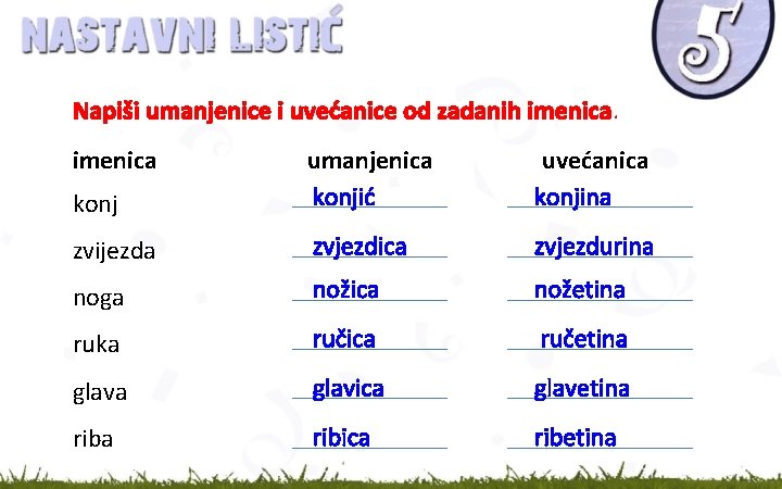 Napiši umanjenice i uvećanice od zadanih imenica konj umanjenica konjić uvećanica konjina zvijezda zvjezdica