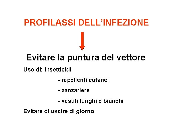 PROFILASSI DELL’INFEZIONE Evitare la puntura del vettore Uso di: insetticidi - repellenti cutanei -