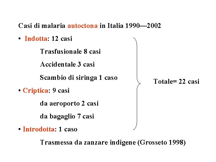 Casi di malaria autoctona in Italia 1990— 2002 • Indotta: Indotta 12 casi Trasfusionale