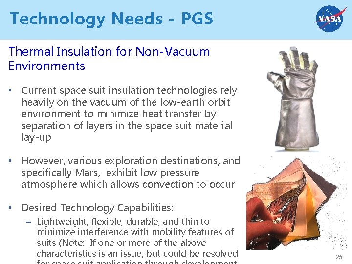 Technology Needs - PGS Thermal Insulation for Non-Vacuum Environments • Current space suit insulation