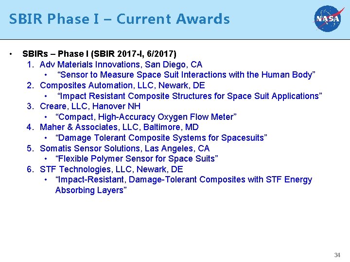 SBIR Phase I – Current Awards • SBIRs – Phase I (SBIR 2017 -I,