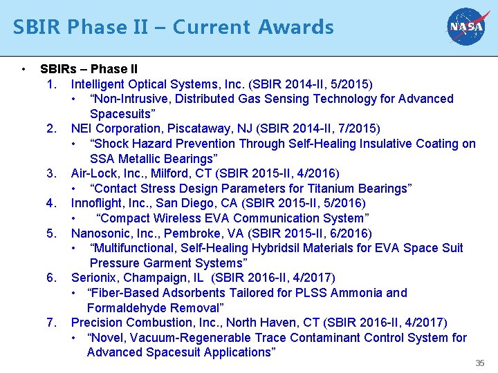 SBIR Phase II – Current Awards • SBIRs – Phase II 1. Intelligent Optical