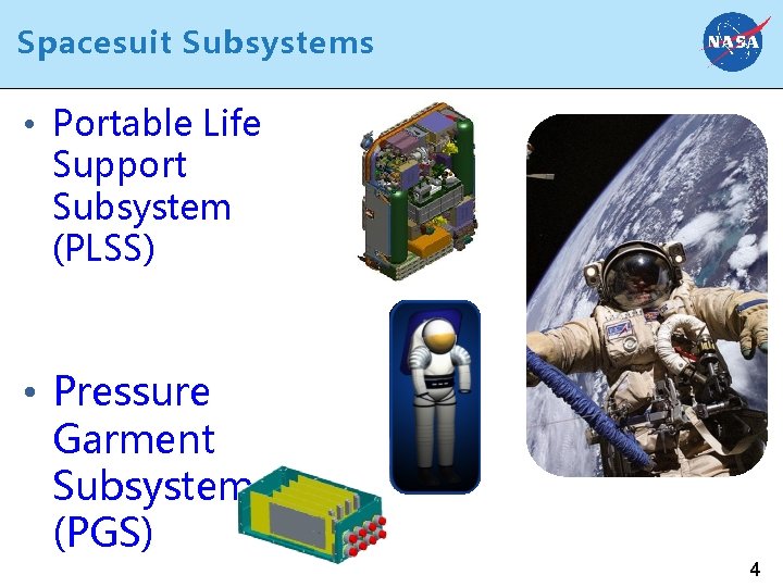 Spacesuit Subsystems • Portable Life Support Subsystem (PLSS) • Pressure Garment Subsystem (PGS) 4