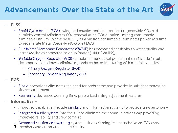 Advancements Over the State of the Art – PLSS – • Rapid Cycle Amine