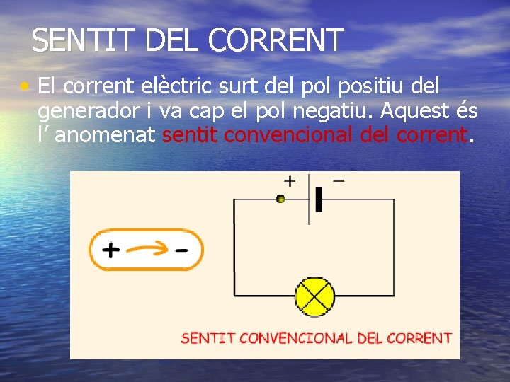 SENTIT DEL CORRENT • El corrent elèctric surt del positiu del generador i va