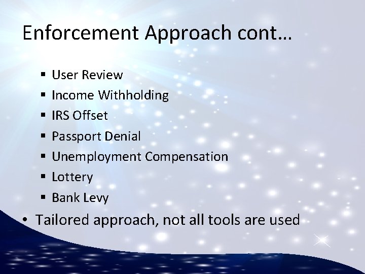 Enforcement Approach cont… § § § § User Review Income Withholding IRS Offset Passport