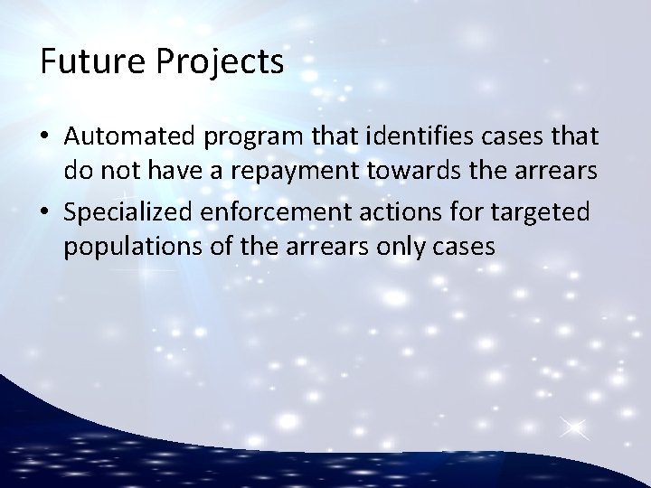 Future Projects • Automated program that identifies cases that do not have a repayment