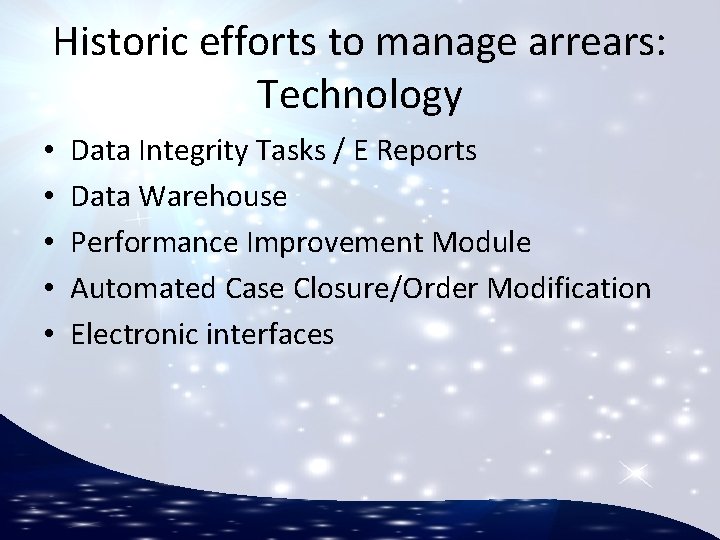 Historic efforts to manage arrears: Technology • • • Data Integrity Tasks / E