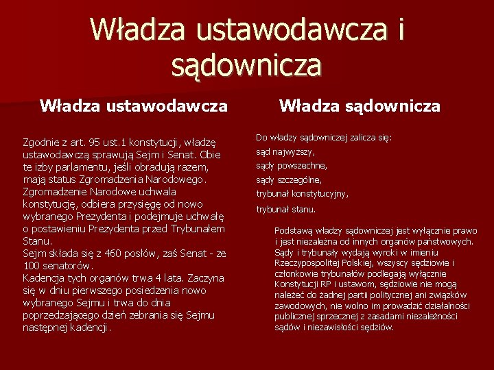 Władza ustawodawcza i sądownicza Władza ustawodawcza Zgodnie z art. 95 ust. 1 konstytucji, władzę Władza ustawodawcza i sądownicza Władza ustawodawcza Zgodnie z art. 95 ust. 1 konstytucji, władzę