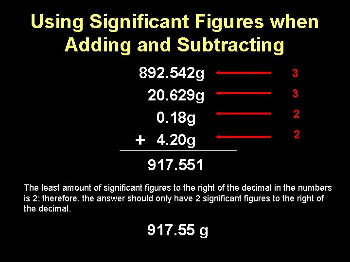Using Significant Figures when Adding and Subtracting 892. 542 g 20. 629 g 0.