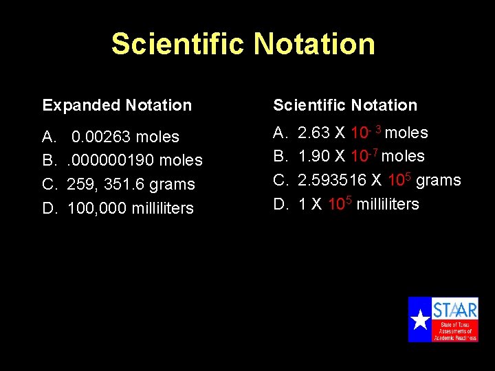 Scientific Notation Expanded Notation Scientific Notation A. B. C. D. 0. 00263 moles. 000000190