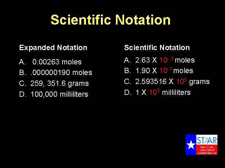 Scientific Notation Expanded Notation Scientific Notation A. B. C. D. 0. 00263 moles. 000000190