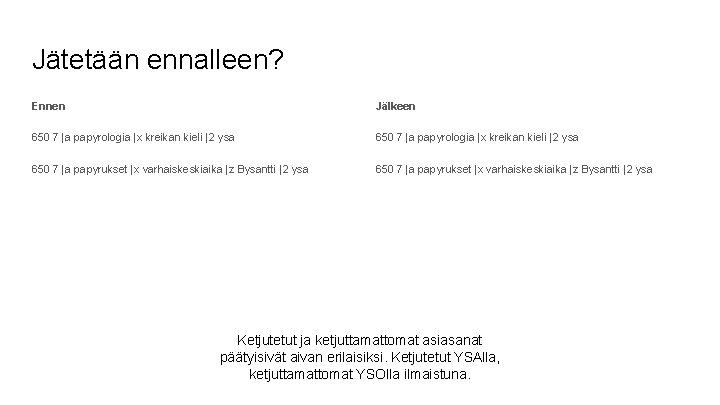 Jätetään ennalleen? Ennen Jälkeen 650 7 |a papyrologia |x kreikan kieli |2 ysa 650