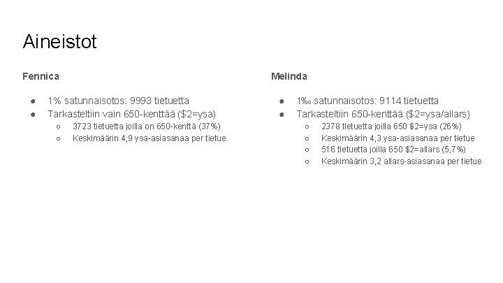 Aineistot Fennica ● ● Melinda 1% satunnaisotos: 9993 tietuetta Tarkasteltiin vain 650 -kenttää ($2=ysa)