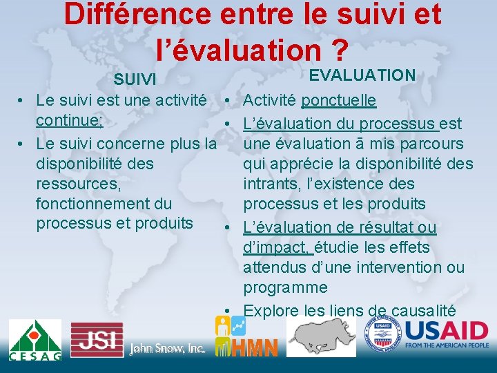 Différence entre le suivi et l’évaluation ? SUIVI • Le suivi est une activité