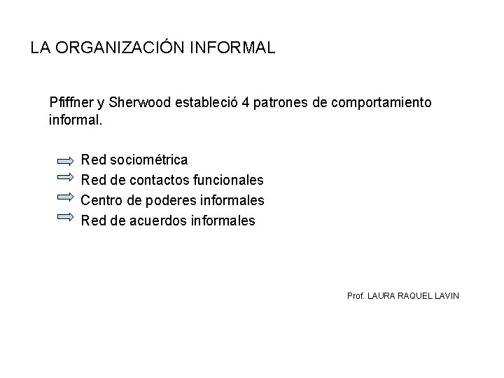 LA ORGANIZACIÓN INFORMAL Pfiffner y Sherwood estableció 4 patrones de comportamiento informal. Red sociométrica