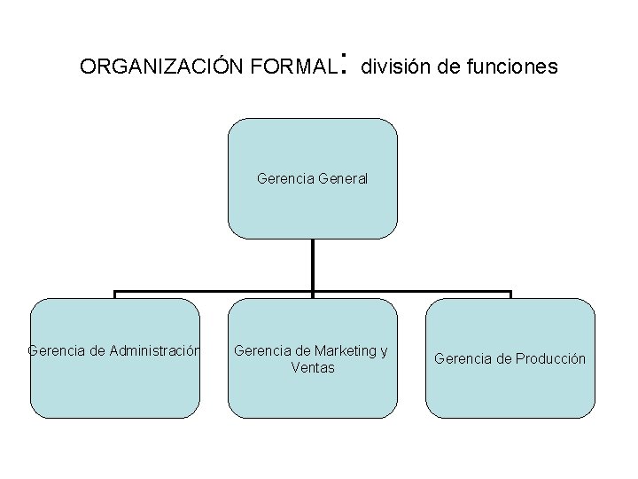 ORGANIZACIÓN FORMAL : división de funciones Gerencia General Gerencia de Administración Gerencia de Marketing