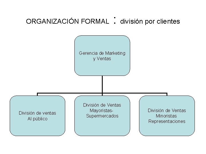 ORGANIZACIÓN FORMAL : división por clientes Gerencia de Marketing y Ventas División de ventas