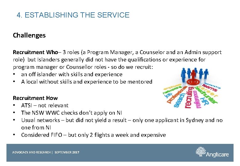 4. ESTABLISHING THE SERVICE Challenges Recruitment Who– 3 roles (a Program Manager, a Counselor