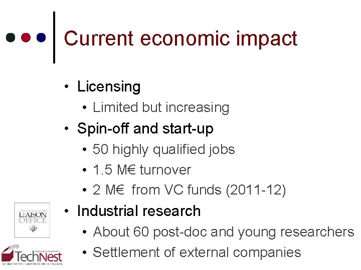 Current economic impact • Licensing • Limited but increasing • Spin-off and start-up • Current economic impact • Licensing • Limited but increasing • Spin-off and start-up •