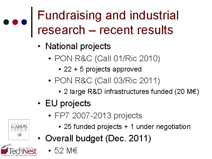 Fundraising and industrial research – recent results • National projects • PON R&C (Call Fundraising and industrial research – recent results • National projects • PON R&C (Call
