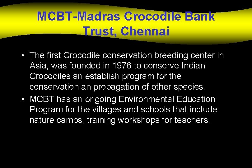 MCBT-Madras Crocodile Bank Trust, Chennai • The first Crocodile conservation breeding center in Asia,