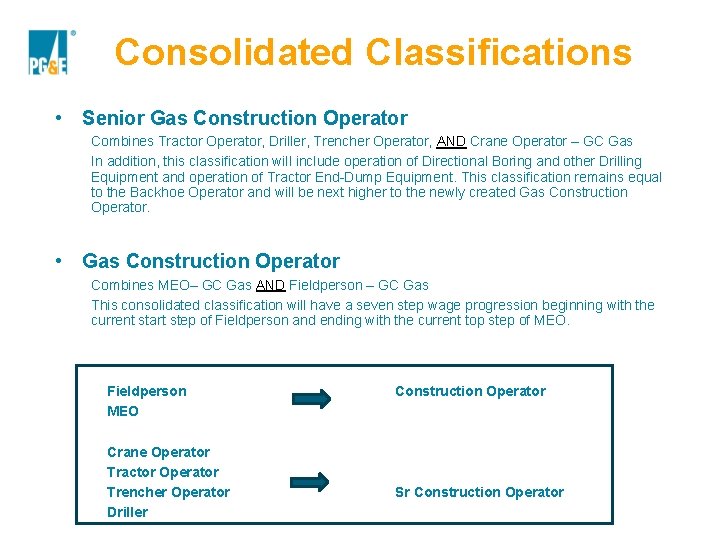 Consolidated Classifications • Senior Gas Construction Operator Combines Tractor Operator, Driller, Trencher Operator, AND