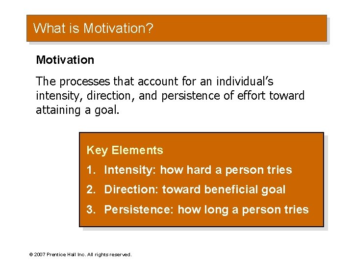 What is Motivation? Motivation The processes that account for an individual’s intensity, direction, and