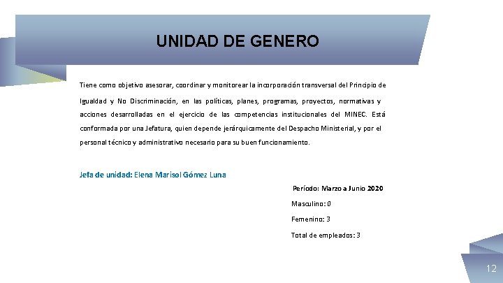 UNIDAD DE GENERO Tiene como objetivo asesorar, coordinar y monitorear la incorporación transversal del