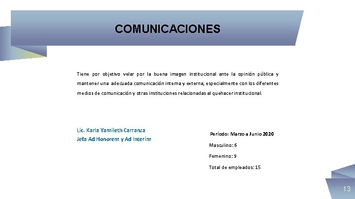 COMUNICACIONES Tiene por objetivo velar por la buena imagen institucional ante la opinión pública