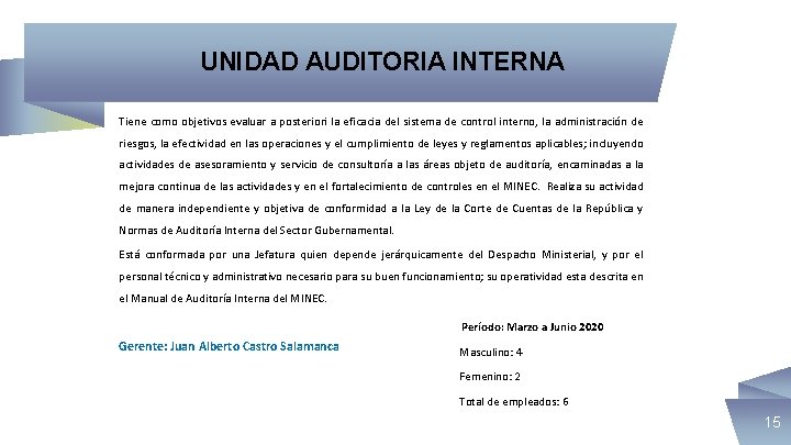 UNIDAD AUDITORIA INTERNA Tiene como objetivos evaluar a posteriori la eficacia del sistema de