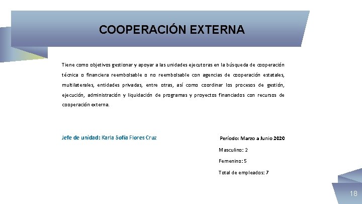 COOPERACIÓN EXTERNA Tiene como objetivos gestionar y apoyar a las unidades ejecutoras en la