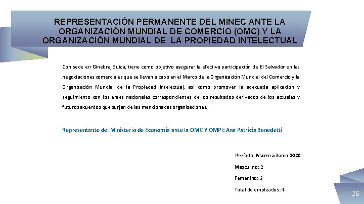 REPRESENTACIÓN PERMANENTE DEL MINEC ANTE LA ORGANIZACIÓN MUNDIAL DE COMERCIO (OMC) Y LA ORGANIZACIÓN