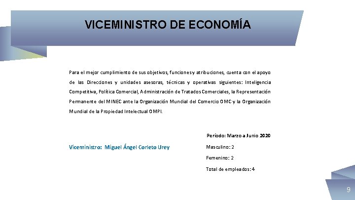 VICEMINISTRO DE ECONOMÍA Para el mejor cumplimiento de sus objetivos, funciones y atribuciones, cuenta