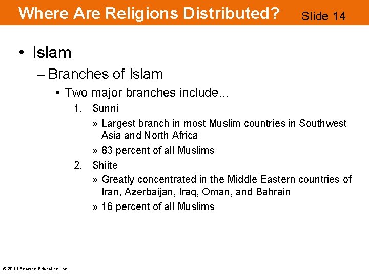Where Are Religions Distributed? Slide 14 • Islam – Branches of Islam • Two