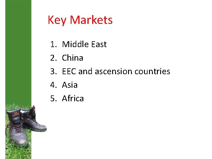 Key Markets 1. 2. 3. 4. 5. Middle East China EEC and ascension countries