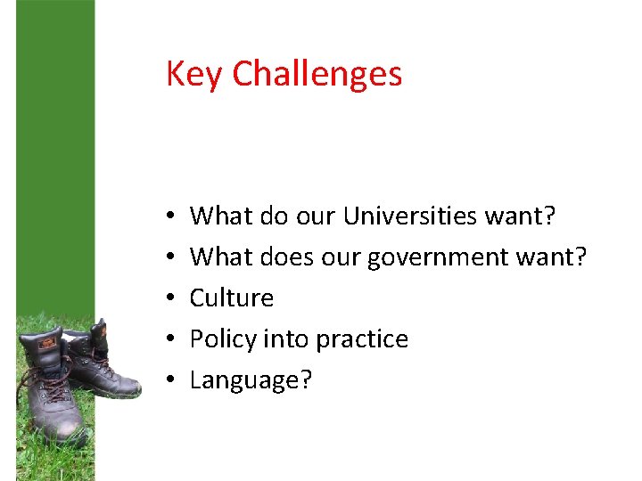 Key Challenges • • • What do our Universities want? What does our government