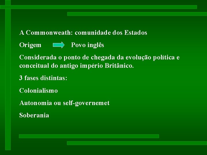 A Commonweath: comunidade dos Estados Origem Povo inglês Considerada o ponto de chegada da A Commonweath: comunidade dos Estados Origem Povo inglês Considerada o ponto de chegada da