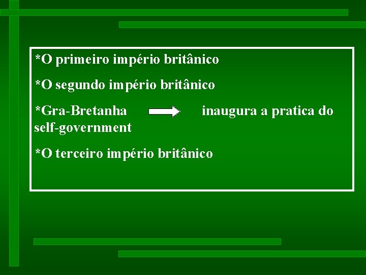 *O primeiro império britânico *O segundo império britânico *Gra-Bretanha self-government inaugura a pratica do *O primeiro império britânico *O segundo império britânico *Gra-Bretanha self-government inaugura a pratica do