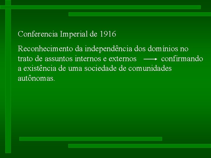 Conferencia Imperial de 1916 Reconhecimento da independência dos domínios no trato de assuntos internos Conferencia Imperial de 1916 Reconhecimento da independência dos domínios no trato de assuntos internos