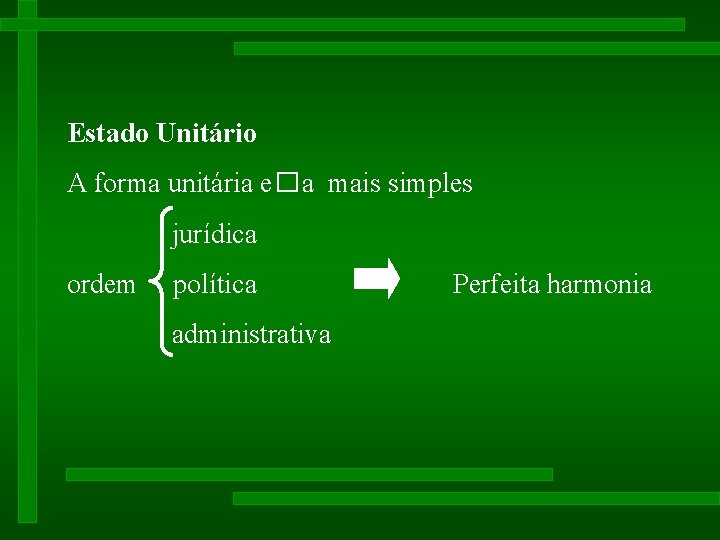 Estado Unitário A forma unitária e�a mais simples jurídica ordem política administrativa Perfeita harmonia Estado Unitário A forma unitária e�a mais simples jurídica ordem política administrativa Perfeita harmonia