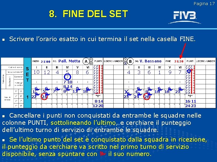 Pagina 17 8. FINE DEL SET n Scrivere l’orario esatto in cui termina il