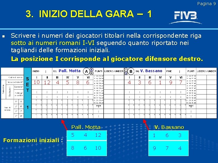 Pagina 9 3. INIZIO DELLA GARA – 1 n Scrivere i numeri dei giocatori